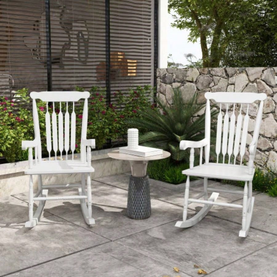 Outsunny Outdoor Wood Rocking Chairs Set of 2, 350 lbs. Porch Rockers with High Back Garden, Patio, Balcony, White