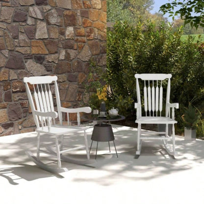 Outsunny Outdoor Wood Rocking Chairs Set of 2, 350 lbs. Porch Rockers with High Back Garden, Patio, Balcony, White