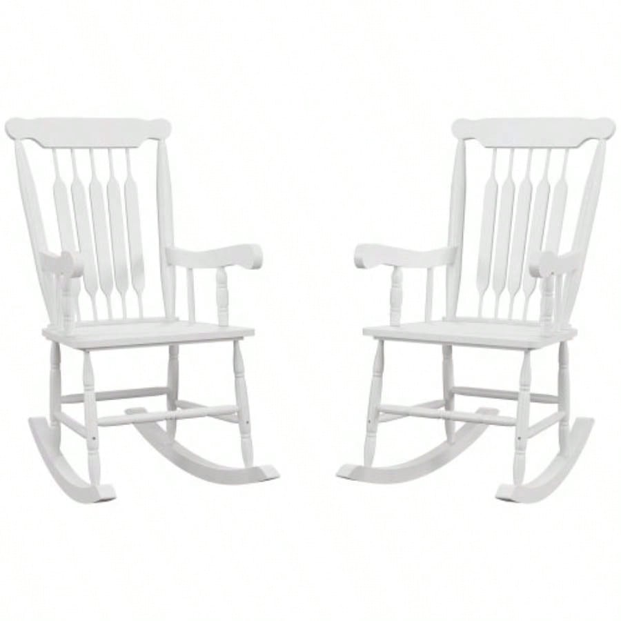 Outsunny Outdoor Wood Rocking Chairs Set of 2, 350 lbs. Porch Rockers with High Back Garden, Patio, Balcony, White
