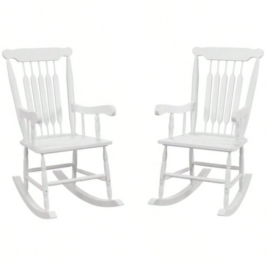 Outsunny Outdoor Wood Rocking Chairs Set of 2, 350 lbs. Porch Rockers with High Back Garden, Patio, Balcony, White