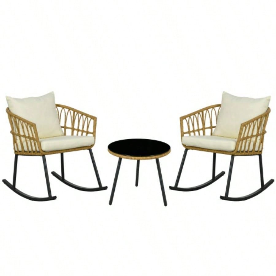 Outsunny 3 Piece Bistro Set with Cushions, Outdoor PE Rattan Wicker Patio Rocking Chair with 2 Porch Rocker Chairs, Glass Top Coffee Table Patio Conversation Set, White