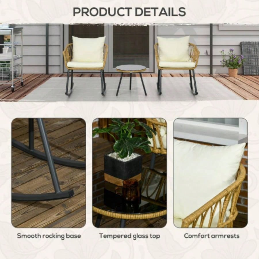 Outsunny 3 Piece Bistro Set with Cushions, Outdoor PE Rattan Wicker Patio Rocking Chair with 2 Porch Rocker Chairs, Glass Top Coffee Table Patio Conversation Set, White
