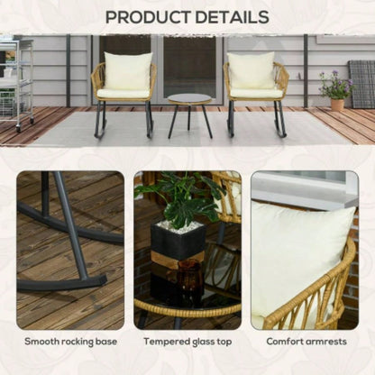 Outsunny 3 Piece Bistro Set with Cushions, Outdoor PE Rattan Wicker Patio Rocking Chair with 2 Porch Rocker Chairs, Glass Top Coffee Table Patio Conversation Set, White