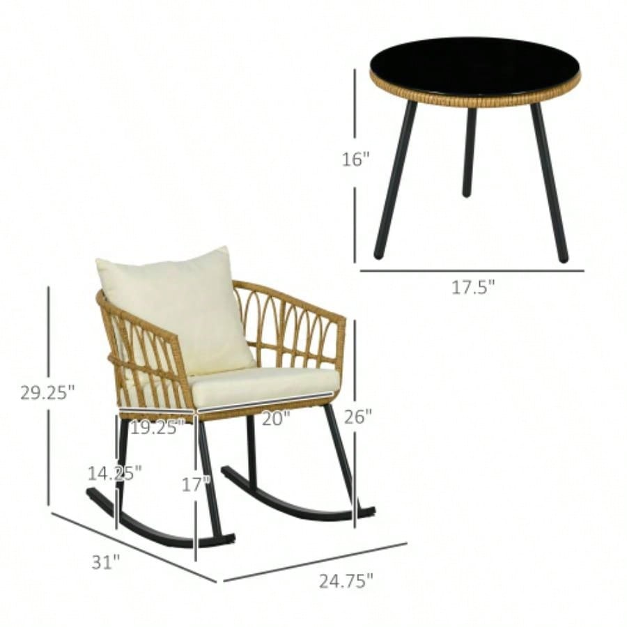 Outsunny 3 Piece Bistro Set with Cushions, Outdoor PE Rattan Wicker Patio Rocking Chair with 2 Porch Rocker Chairs, Glass Top Coffee Table Patio Conversation Set, White