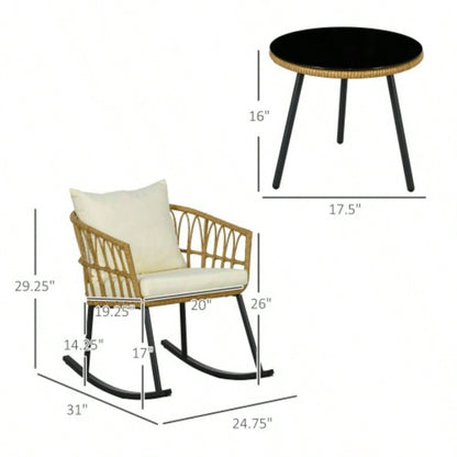 Outsunny 3 Piece Bistro Set with Cushions, Outdoor PE Rattan Wicker Patio Rocking Chair with 2 Porch Rocker Chairs, Glass Top Coffee Table Patio Conversation Set, White