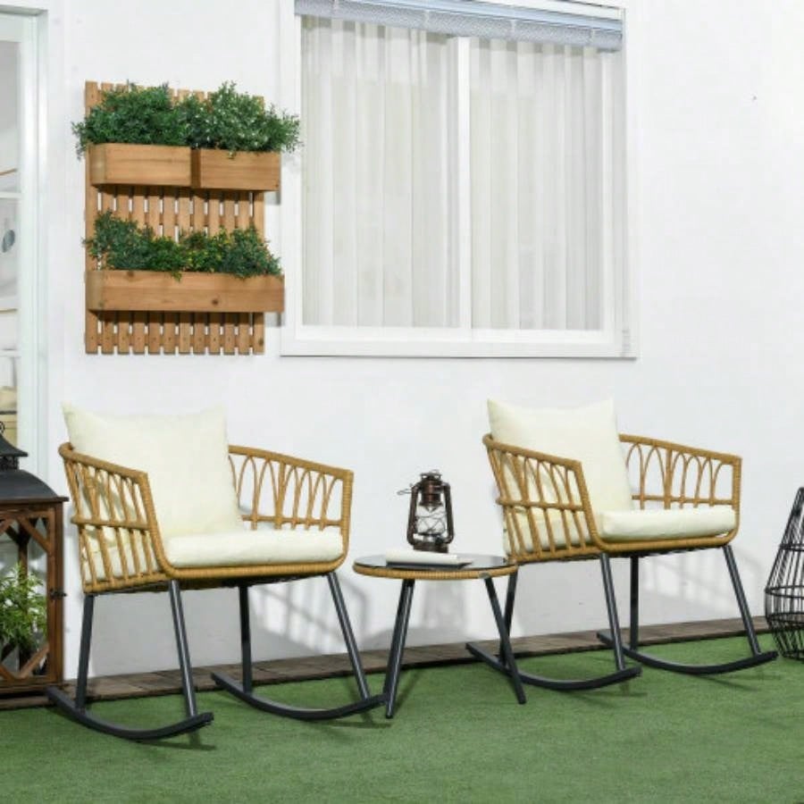 Outsunny 3 Piece Bistro Set with Cushions, Outdoor PE Rattan Wicker Patio Rocking Chair with 2 Porch Rocker Chairs, Glass Top Coffee Table Patio Conversation Set, White