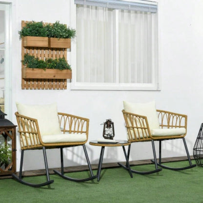 Outsunny 3 Piece Bistro Set with Cushions, Outdoor PE Rattan Wicker Patio Rocking Chair with 2 Porch Rocker Chairs, Glass Top Coffee Table Patio Conversation Set, White