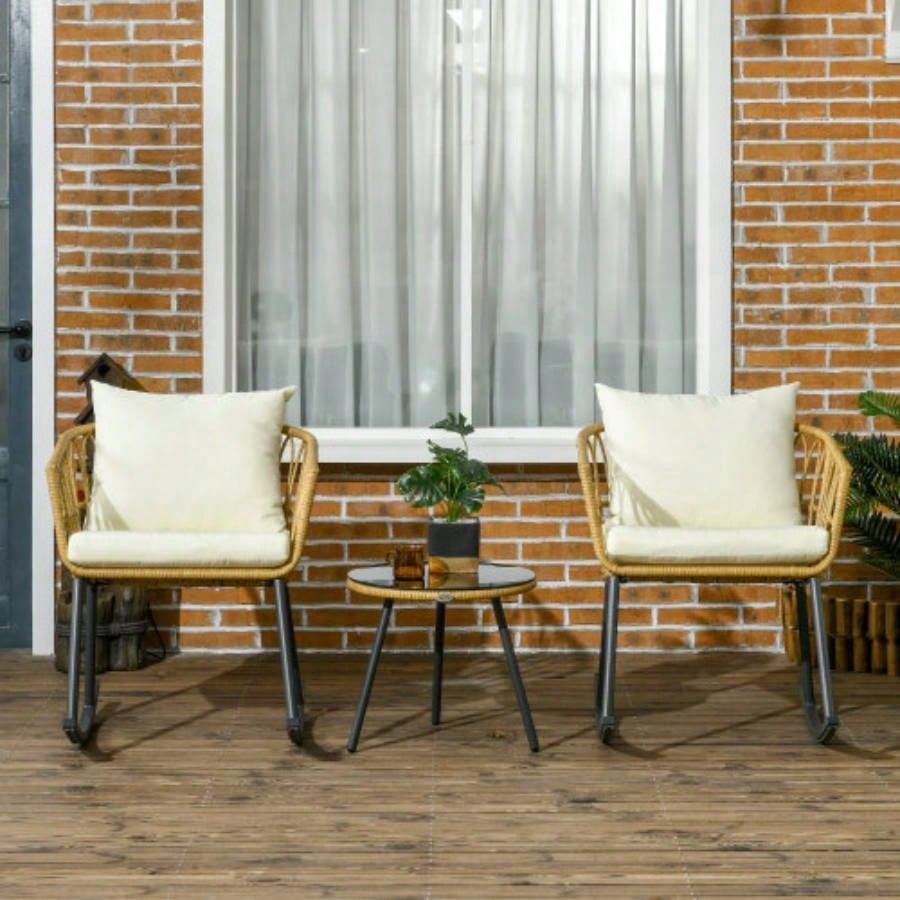 Outsunny 3 Piece Bistro Set with Cushions, Outdoor PE Rattan Wicker Patio Rocking Chair with 2 Porch Rocker Chairs, Glass Top Coffee Table Patio Conversation Set, White