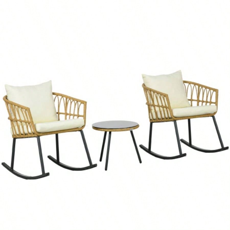 Outsunny 3 Piece Bistro Set with Cushions, Outdoor PE Rattan Wicker Patio Rocking Chair with 2 Porch Rocker Chairs, Glass Top Coffee Table Patio Conversation Set, White