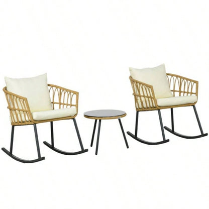 Outsunny 3 Piece Bistro Set with Cushions, Outdoor PE Rattan Wicker Patio Rocking Chair with 2 Porch Rocker Chairs, Glass Top Coffee Table Patio Conversation Set, White