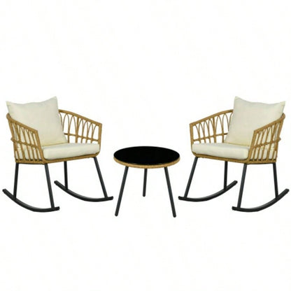 Outsunny 3 Piece Bistro Set with Cushions, Outdoor PE Rattan Wicker Patio Rocking Chair with 2 Porch Rocker Chairs, Glass Top Coffee Table Patio Conversation Set, White