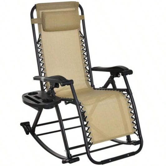 Outsunny Outdoor Rocking Chairs, Foldable Reclining Zero Lounge Rocker/ Pillow, Cup Phone Holder, Combo Design/ Folding, Beige