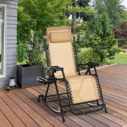 Outsunny Outdoor Rocking Chairs, Foldable Reclining Zero Lounge Rocker/ Pillow, Cup Phone Holder, Combo Design/ Folding, Beige