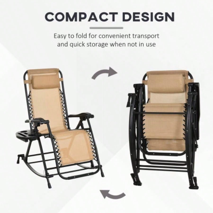Outsunny Outdoor Rocking Chairs, Foldable Reclining Zero Lounge Rocker/ Pillow, Cup Phone Holder, Combo Design/ Folding, Beige