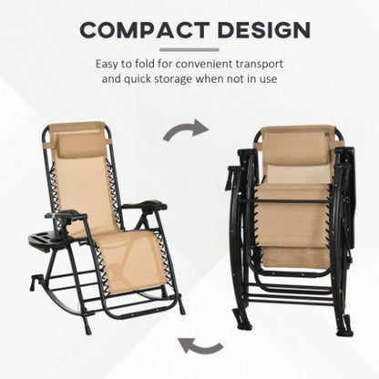 Outsunny Outdoor Rocking Chairs, Foldable Reclining Zero Lounge Rocker/ Pillow, Cup Phone Holder, Combo Design/ Folding, Beige