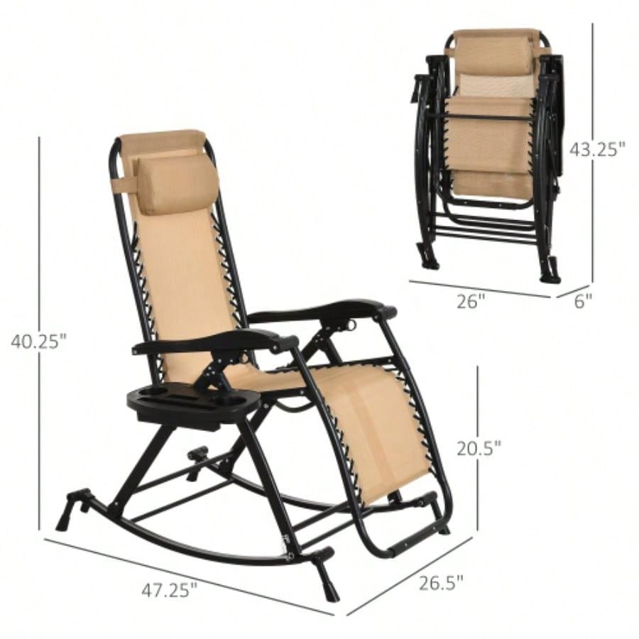 Outsunny Outdoor Rocking Chairs, Foldable Reclining Zero Lounge Rocker/ Pillow, Cup Phone Holder, Combo Design/ Folding, Beige