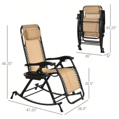 Outsunny Outdoor Rocking Chairs, Foldable Reclining Zero Lounge Rocker/ Pillow, Cup Phone Holder, Combo Design/ Folding, Beige