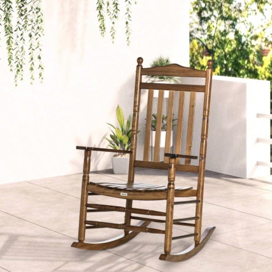 Outsunny Traditional Wooden High - Back Rocking Chair Porch, Indoor/Outdoor, Brown