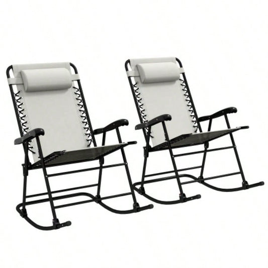 Outsunny 2 Piece Outdoor Rocking Chair Set, Patio Folding Lawn Rocker Set with Headrests Yard, Patio, Deck, Backyard, White