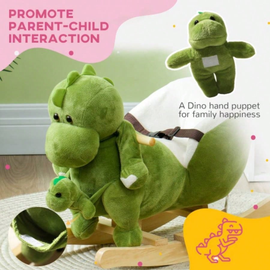 Qaba Rocking Horse, Toddler Plush Dinosaur Animal Rocker with Belt, 32 Songs, Hand Puppet, Kids Riding Horse Rocking Chair 18 - 36 Months, Green