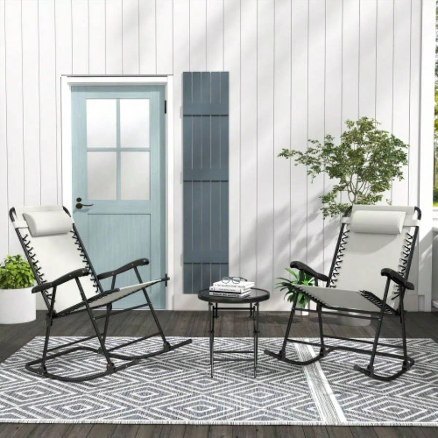 Outsunny 2 Piece Outdoor Rocking Chair Set, Patio Folding Lawn Rocker Set with Headrests Yard, Patio, Deck, Backyard, White