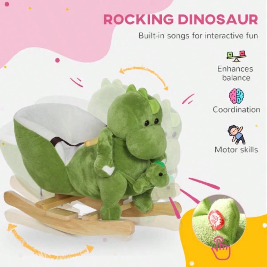 Qaba Rocking Horse, Toddler Plush Dinosaur Animal Rocker with Belt, 32 Songs, Hand Puppet, Kids Riding Horse Rocking Chair 18 - 36 Months, Green