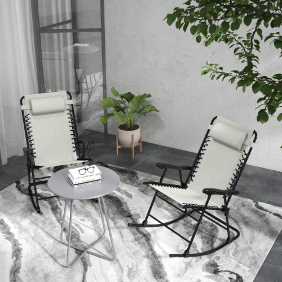 Outsunny 2 Piece Outdoor Rocking Chair Set, Patio Folding Lawn Rocker Set with Headrests Yard, Patio, Deck, Backyard, White