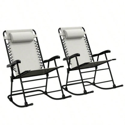 Outsunny 2 Piece Outdoor Rocking Chair Set, Patio Folding Lawn Rocker Set with Headrests Yard, Patio, Deck, Backyard, White