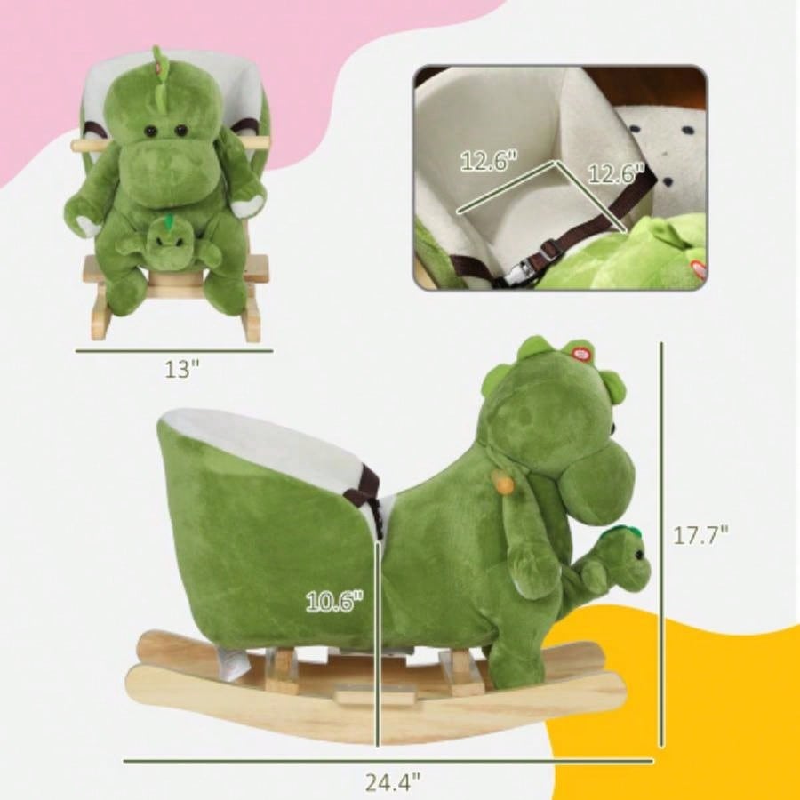 Qaba Rocking Horse, Toddler Plush Dinosaur Animal Rocker with Belt, 32 Songs, Hand Puppet, Kids Riding Horse Rocking Chair 18 - 36 Months, Green