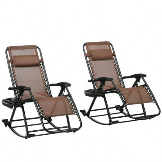 Outsunny Set of 2 Outdoor Rocking Chairs, Foldable Reclining Zero Lounge Rocker with Pillow, Cup Phone Holder, Combo Design with Folding, Brown