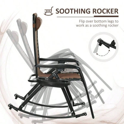Outsunny Set of 2 Outdoor Rocking Chairs, Foldable Reclining Zero Lounge Rocker with Pillow, Cup Phone Holder, Combo Design with Folding, Brown