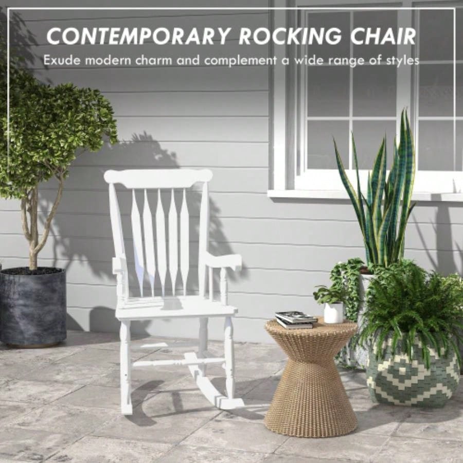 Outsunny Outdoor Wood Rocking Chair, 350 lbs. Porch Rocker with High Back Garden, Patio, Balcony, White