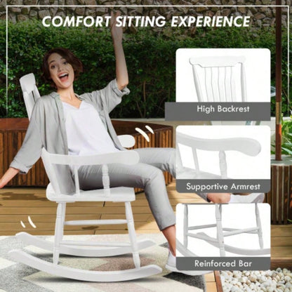 Outsunny Outdoor Wood Rocking Chair, 350 lbs. Porch Rocker with High Back Garden, Patio, Balcony, White