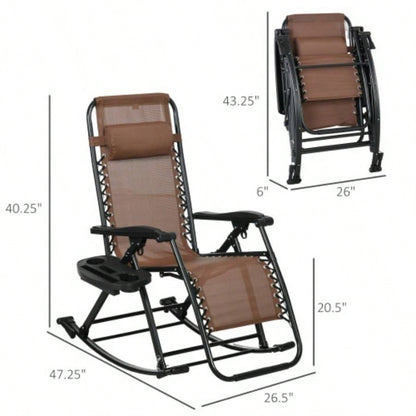 Outsunny Set of 2 Outdoor Rocking Chairs, Foldable Reclining Zero Lounge Rocker with Pillow, Cup Phone Holder, Combo Design with Folding, Brown