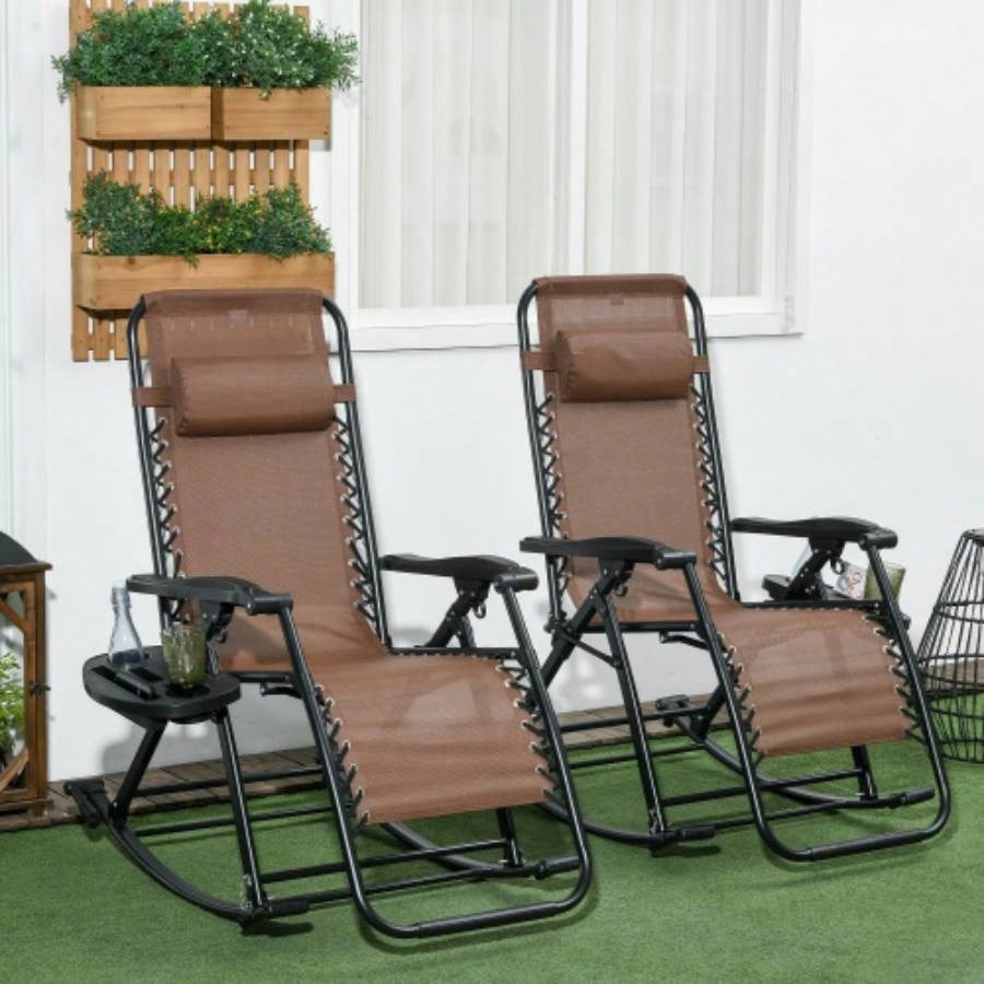 Outsunny Set of 2 Outdoor Rocking Chairs, Foldable Reclining Zero Lounge Rocker with Pillow, Cup Phone Holder, Combo Design with Folding, Brown