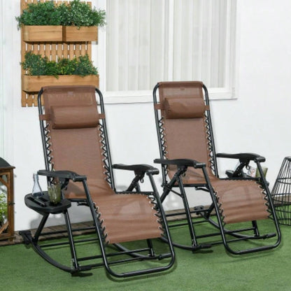 Outsunny Set of 2 Outdoor Rocking Chairs, Foldable Reclining Zero Lounge Rocker with Pillow, Cup Phone Holder, Combo Design with Folding, Brown
