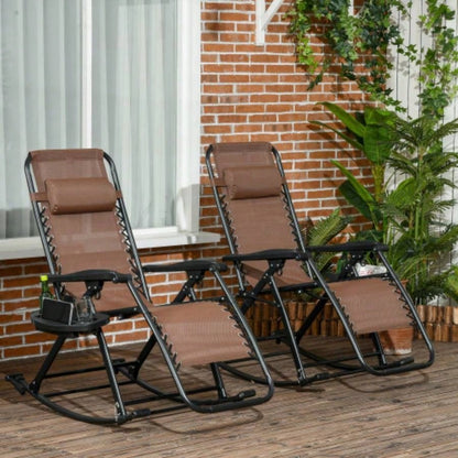 Outsunny Set of 2 Outdoor Rocking Chairs, Foldable Reclining Zero Lounge Rocker with Pillow, Cup Phone Holder, Combo Design with Folding, Brown