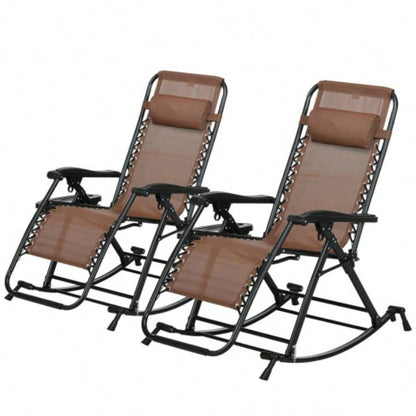 Outsunny Set of 2 Outdoor Rocking Chairs, Foldable Reclining Zero Lounge Rocker with Pillow, Cup Phone Holder, Combo Design with Folding, Brown
