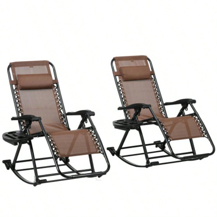 Outsunny Set of 2 Outdoor Rocking Chairs, Foldable Reclining Zero Lounge Rocker with Pillow, Cup Phone Holder, Combo Design with Folding, Brown