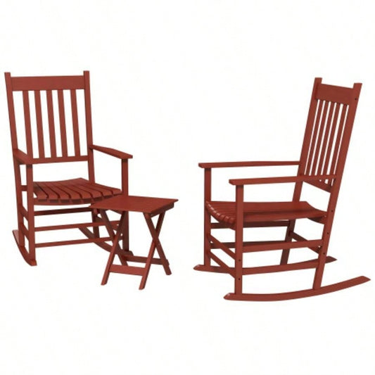 Outsunny Outdoor Rocking Chair Set of 2 with Side Table, Patio Wooden Rocking Chair with Smooth Armrests, High Back Garden, Balcony, Porch, Supports Up to 352 lbs. Wine Red