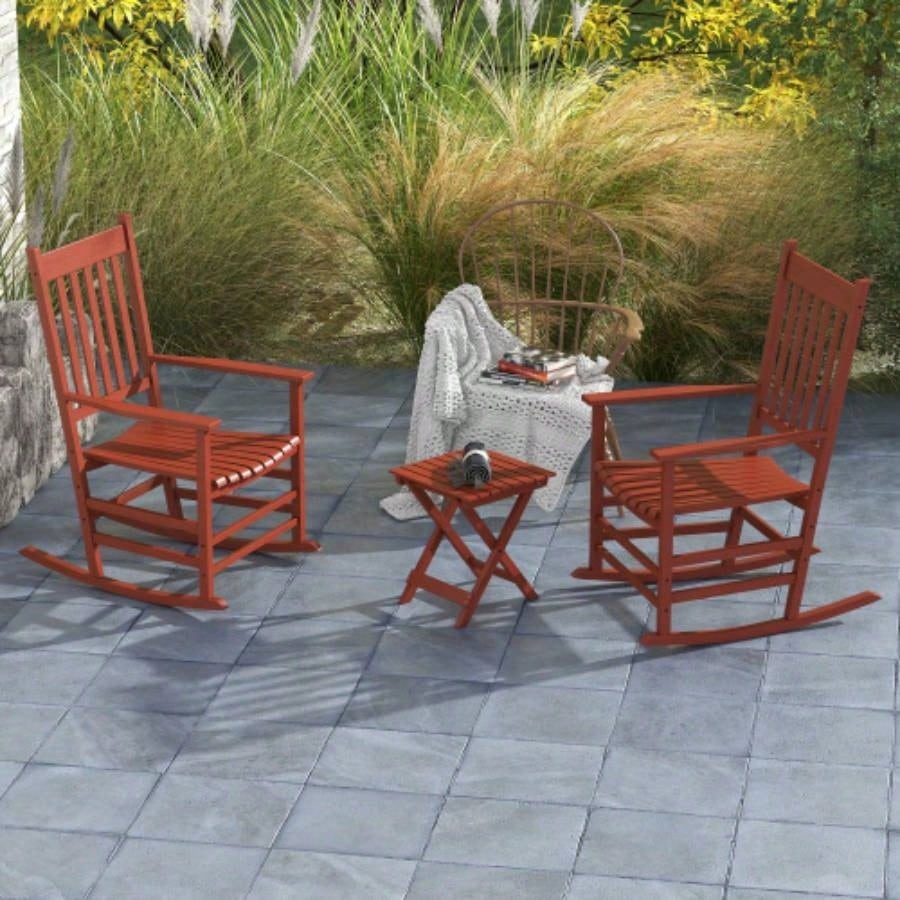 Outsunny Outdoor Rocking Chair Set of 2 with Side Table, Patio Wooden Rocking Chair with Smooth Armrests, High Back Garden, Balcony, Porch, Supports Up to 352 lbs. Wine Red