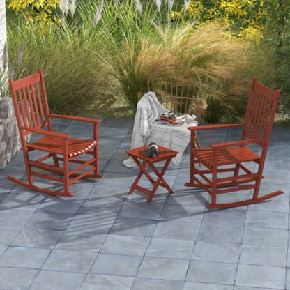 Outsunny Outdoor Rocking Chair Set of 2 with Side Table, Patio Wooden Rocking Chair with Smooth Armrests, High Back Garden, Balcony, Porch, Supports Up to 352 lbs. Wine Red