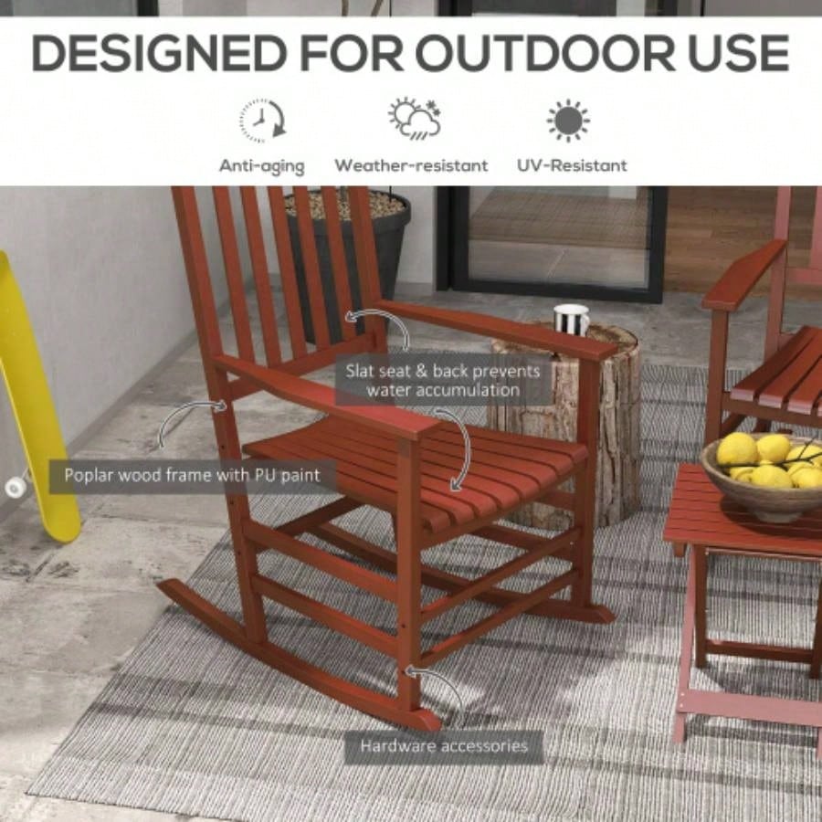 Outsunny Outdoor Rocking Chair Set of 2 with Side Table, Patio Wooden Rocking Chair with Smooth Armrests, High Back Garden, Balcony, Porch, Supports Up to 352 lbs. Wine Red