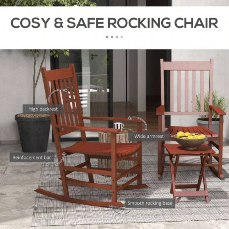 Outsunny Outdoor Rocking Chair Set of 2 with Side Table, Patio Wooden Rocking Chair with Smooth Armrests, High Back Garden, Balcony, Porch, Supports Up to 352 lbs. Wine Red