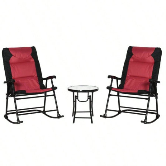 3 Piece Outdoor Patio Furniture Set with Glass Coffee Table 2 Folding Padded Rocking Chairs, Bistro Style Porch, Camping, Balcony, Red