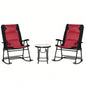 3 Piece Outdoor Patio Furniture Set with Glass Coffee Table 2 Folding Padded Rocking Chairs, Bistro Style Porch, Camping, Balcony, Red