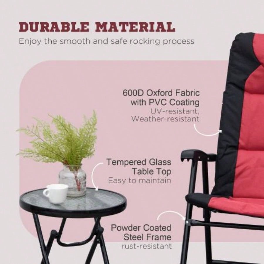 3 Piece Outdoor Patio Furniture Set with Glass Coffee Table 2 Folding Padded Rocking Chairs, Bistro Style Porch, Camping, Balcony, Red