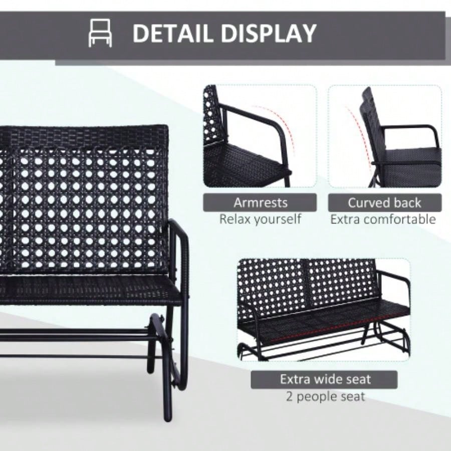 Outsunny Patio 2 - Person Wicker Glider Rocking Chair, Outdoor All - Hand Woven PE Rattan Loveseat/ Ergonomic Design Rocking System Patio, Garden, Porch, Lawn, Black
