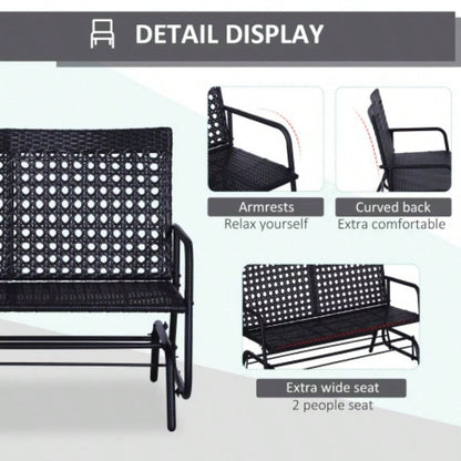 Outsunny Patio 2 - Person Wicker Glider Rocking Chair, Outdoor All - Hand Woven PE Rattan Loveseat/ Ergonomic Design Rocking System Patio, Garden, Porch, Lawn, Black