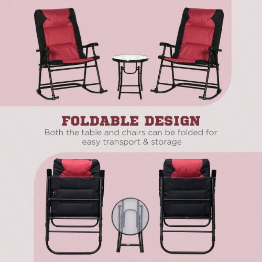 3 Piece Outdoor Patio Furniture Set with Glass Coffee Table 2 Folding Padded Rocking Chairs, Bistro Style Porch, Camping, Balcony, Red